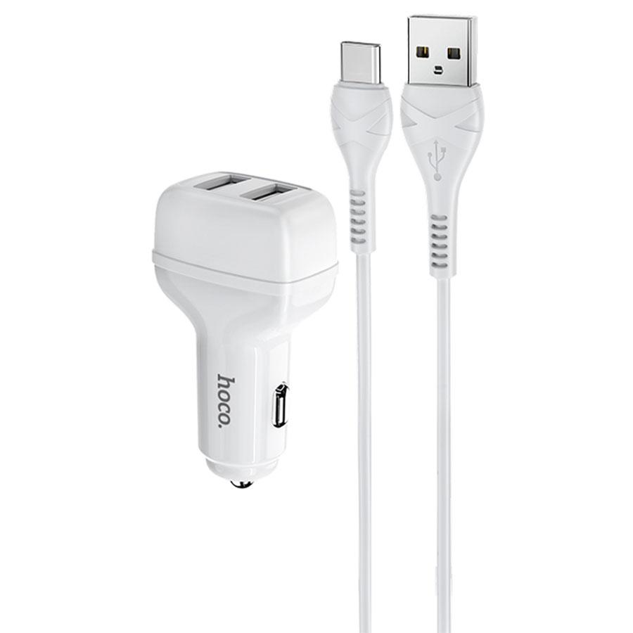 Автомобильное зарядное устройство HOCO Z36 Leader, 2xUSB с Кабелем USB - Type-C, 2.4A, белый