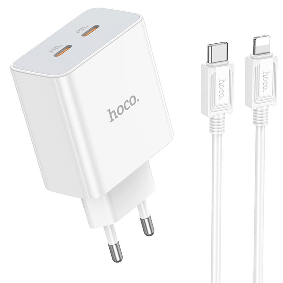 Сетевое зарядное устройство HOCO C108A Leader 2xUSB-C с Кабелем Type-C - Lightning, 3.0A, 35W, белый