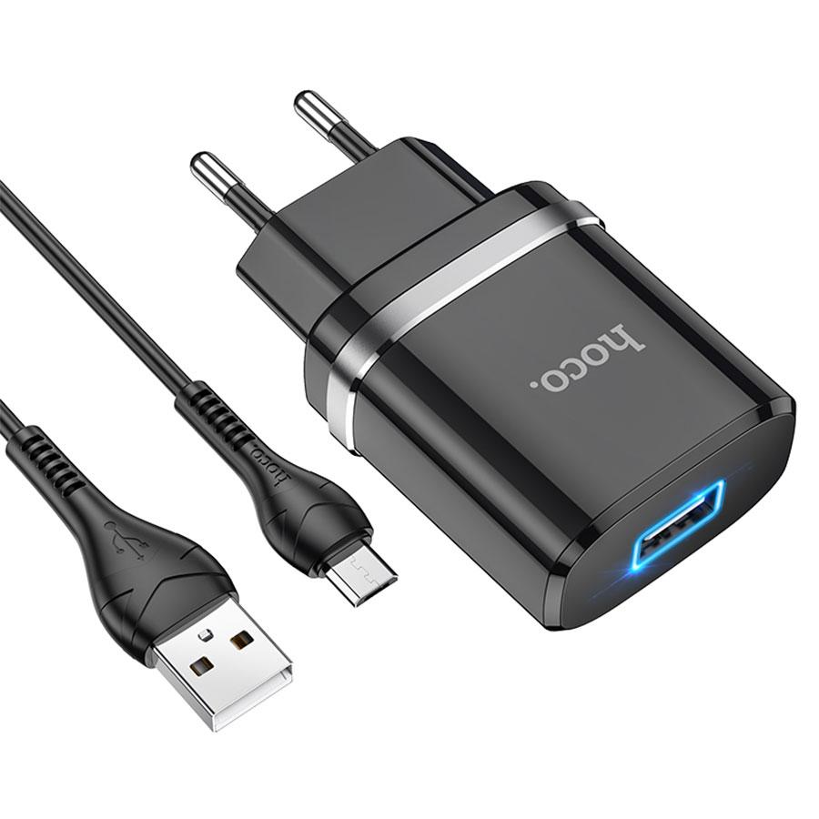 Сетевое зарядное устройство HOCO N1 Ardent 1xUSB с Кабелем USB - Micro, 2.4A, 10.8W, черный