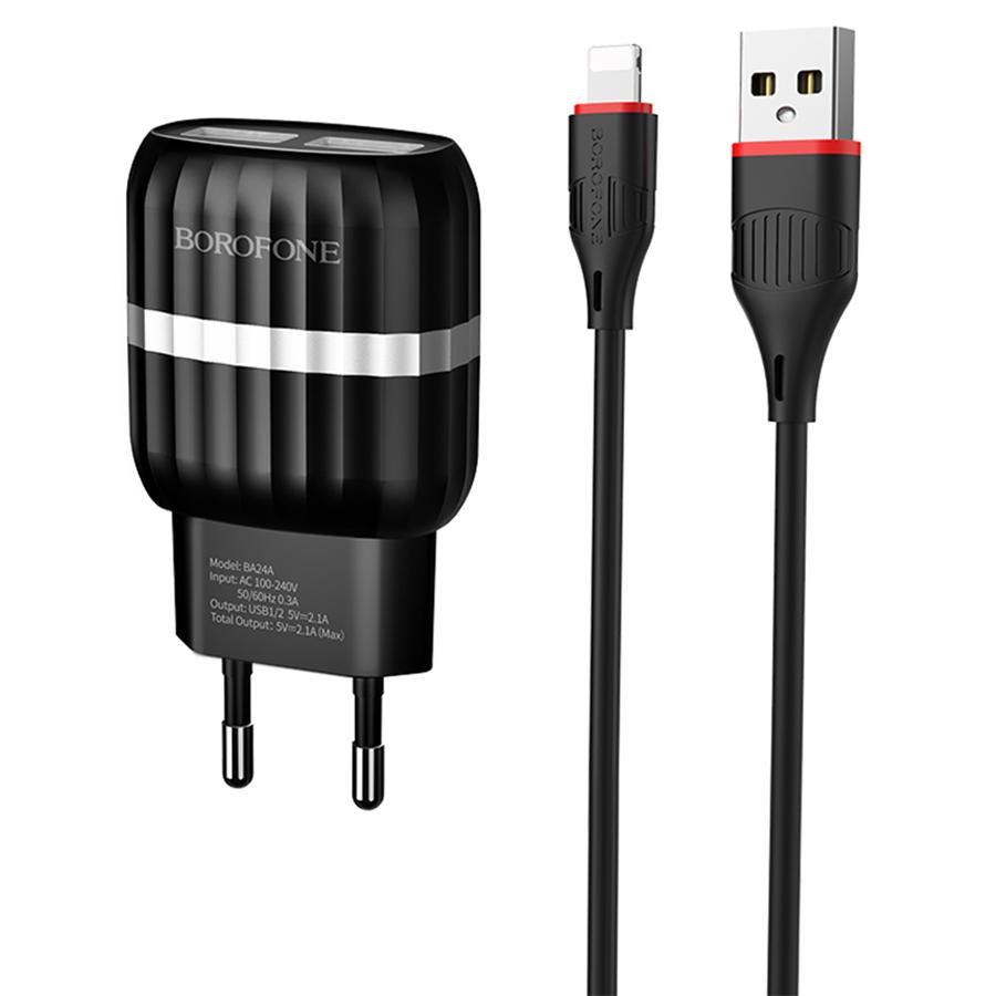 Сетевое зарядное устройство BOROFONE BA24A Vigour 2xUSB с Кабелем USB - Lightning, 2.4A, черный