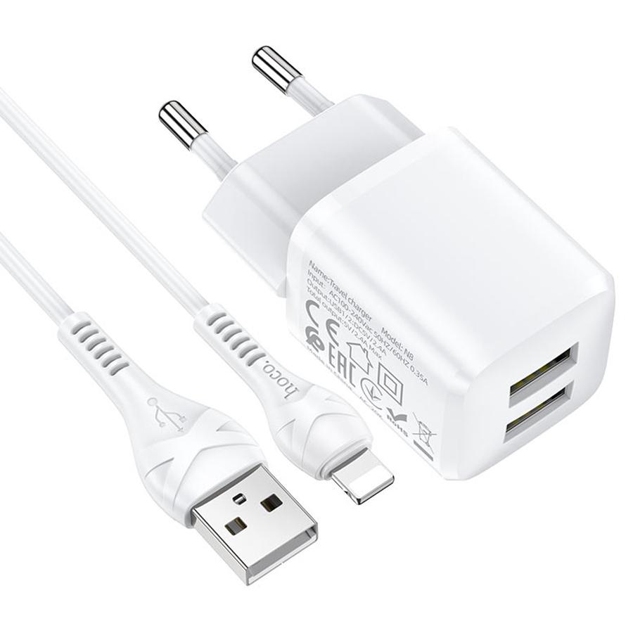 Сетевое зарядное устройство HOCO N8 Briar 2xUSB с Кабелем USB - Lightning, 2.4A, 10.8W, белый