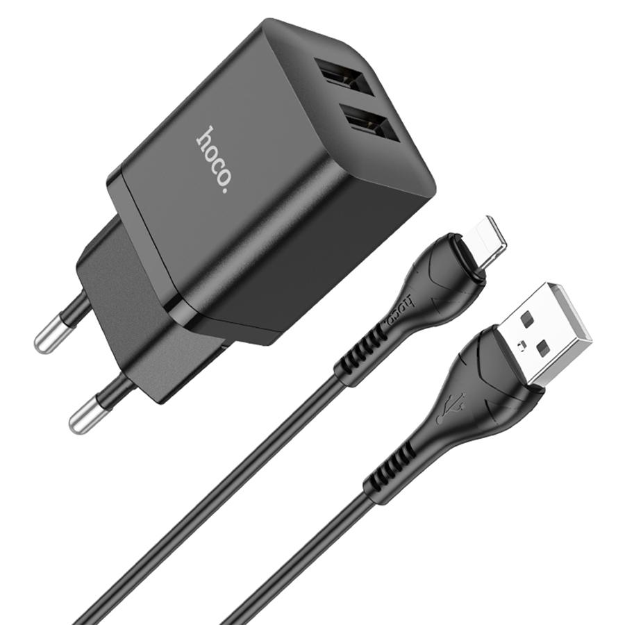 Сетевое зарядное устройство HOCO N25 Maker 2xUSB с Кабелем USB - Lightning, 2.1A, 10W, черный