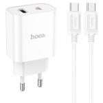 Сетевое зарядное устройство HOCO C80A Plus 1xUSB + 1xUSB-C с Кабелем Type-C - Type-C, 3.1A, 20W, белый