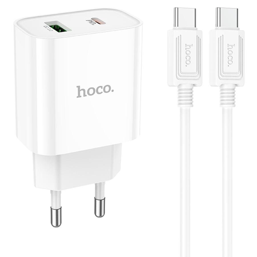 Сетевое зарядное устройство HOCO C80A Plus 1xUSB + 1xUSB-C с Кабелем Type-C - Type-C, 3.1A, 20W, белый