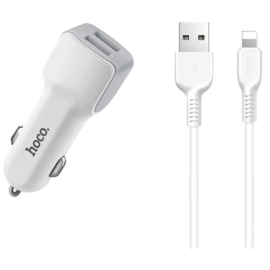 Автомобильное зарядное устройство HOCO Z23 grand style, 2xUSB с Кабелем USB - Lightning, 2.4A, 12W, белый