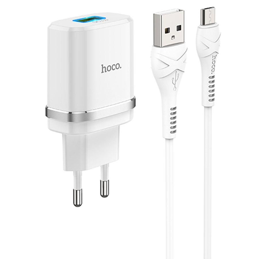 Сетевое зарядное устройство HOCO C12Q Smart 1xUSB с Кабелем USB - Micro, 3A, 18W, белый