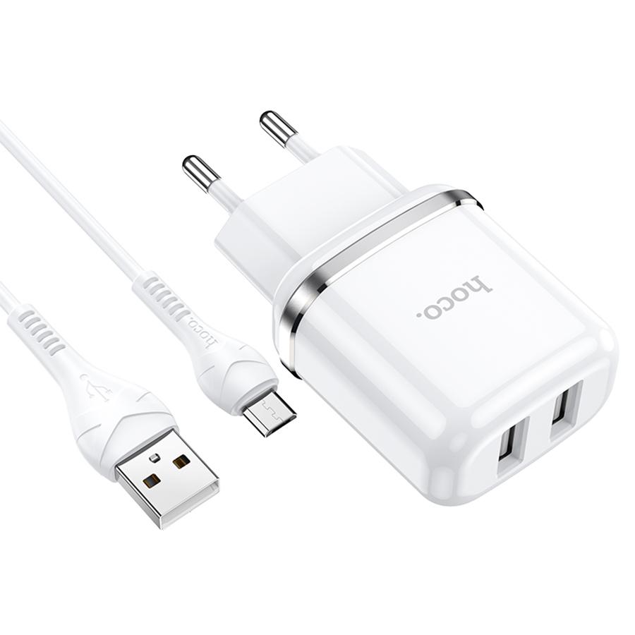 Сетевое зарядное устройство HOCO N4 Aspiring 2xUSB с Кабелем USB - Micro, 2.4A, белый