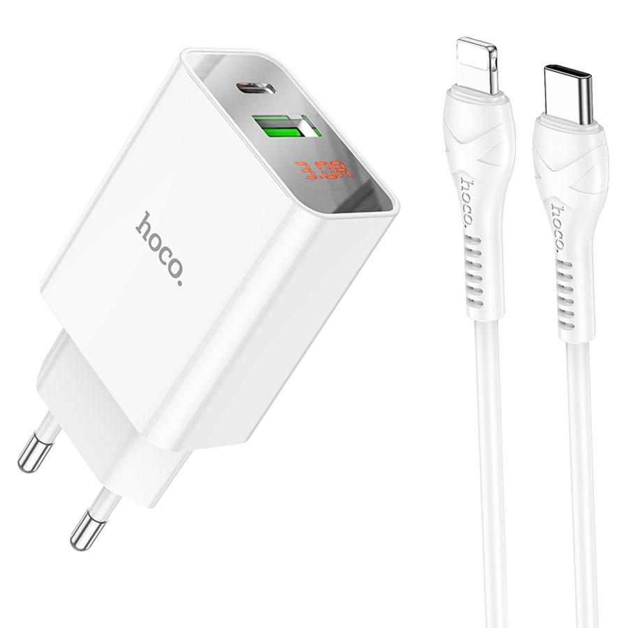 Сетевое зарядное устройство HOCO C100A 1xUSB + 1xUSB-C с Кабелем Type-C - Lightning, 3.0A, 20W, белый