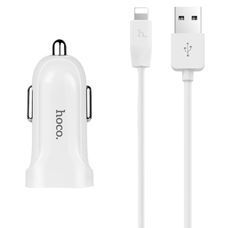 Автомобильное зарядное устройство HOCO Z2A, 2xUSB с Кабелем USB - Lightning, 2.4A, белый