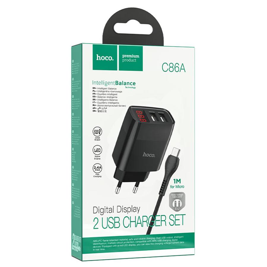 Сетевое зарядное устройство HOCO C86A Illustrious 2xUSB с Кабелем USB - Micro, 2.4A, 10.8W, черный