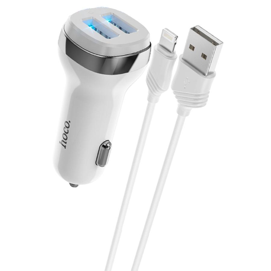 Автомобильное зарядное устройство HOCO Z40 Superior, 2xUSB с Кабелем USB - Lightning, 2.4A, белый