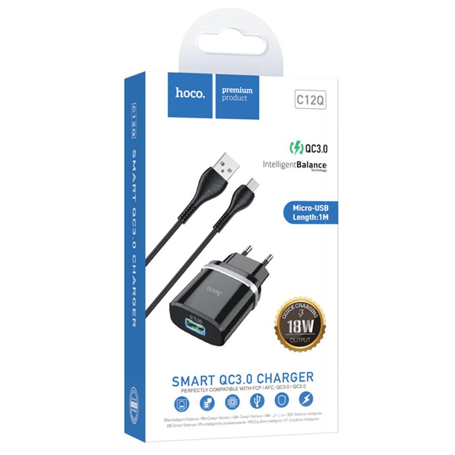 Сетевое зарядное устройство HOCO C12Q Smart 1xUSB с Кабелем USB - Micro, 3A, 18W, черный