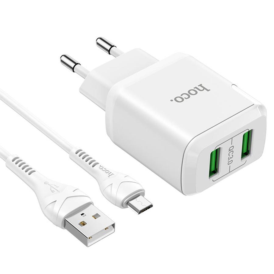 Сетевое зарядное устройство HOCO N6 Charmer 2xUSB с Кабелем USB - Micro, 3A, 18W, белый