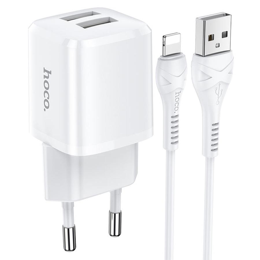 Сетевое зарядное устройство HOCO N8 Briar 2xUSB с Кабелем USB - Lightning, 2.4A, 10.8W, белый