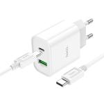 Сетевое зарядное устройство HOCO C80A Plus 1xUSB + 1xUSB-C с Кабелем Type-C - Type-C, 3.1A, 20W, белый