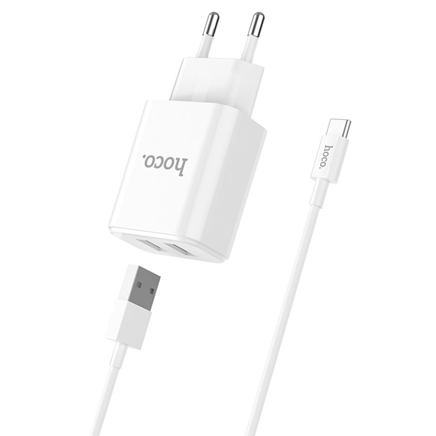 Сетевое зарядное устройство HOCO C62A Victoria 2xUSB с Кабелем USB - Type-C, 2.1A, 10W, белый