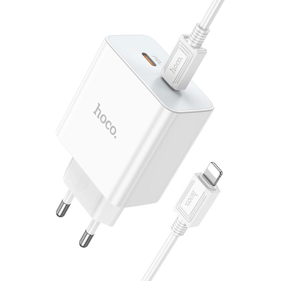 Сетевое зарядное устройство HOCO C108A Leader 2xUSB-C с Кабелем Type-C - Lightning, 3.0A, 35W, белый