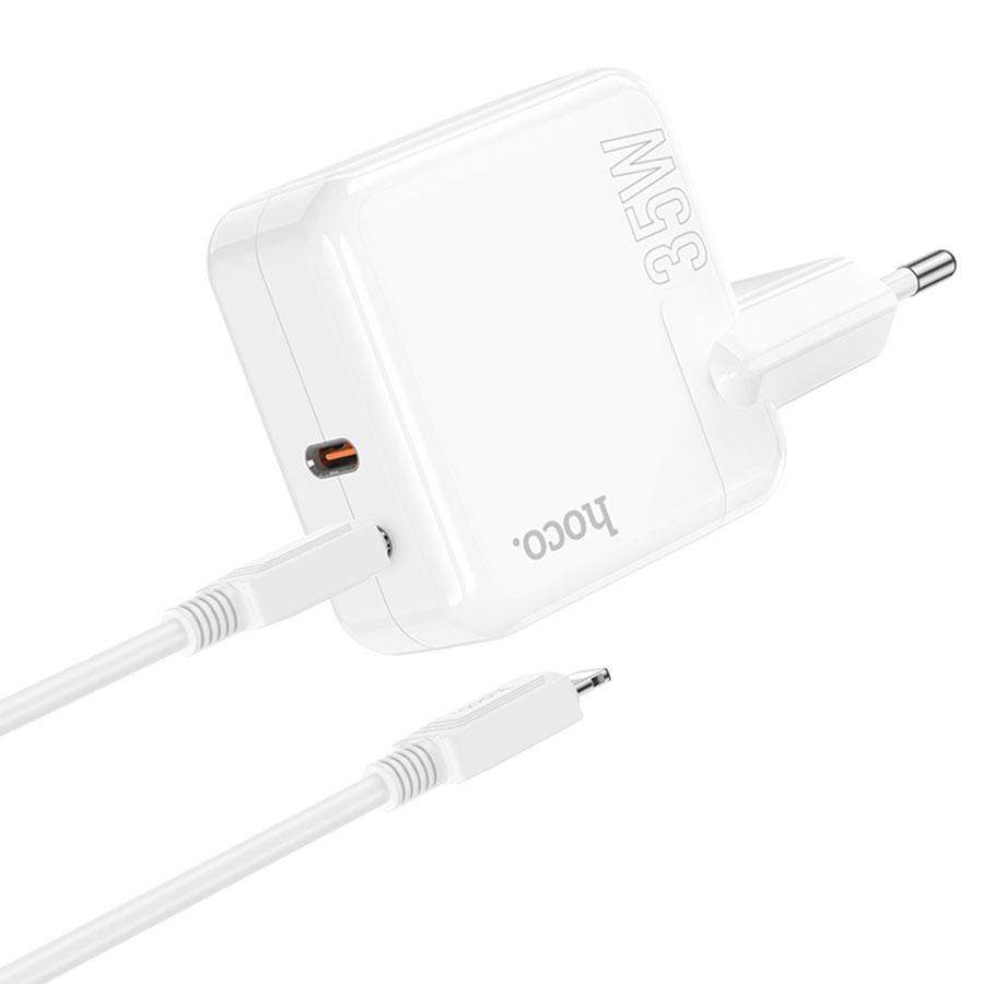 Сетевое зарядное устройство HOCO C110A Lucky 2xUSB-C с Кабелем Type-C - Lightning, 3.0A, 35W, белый