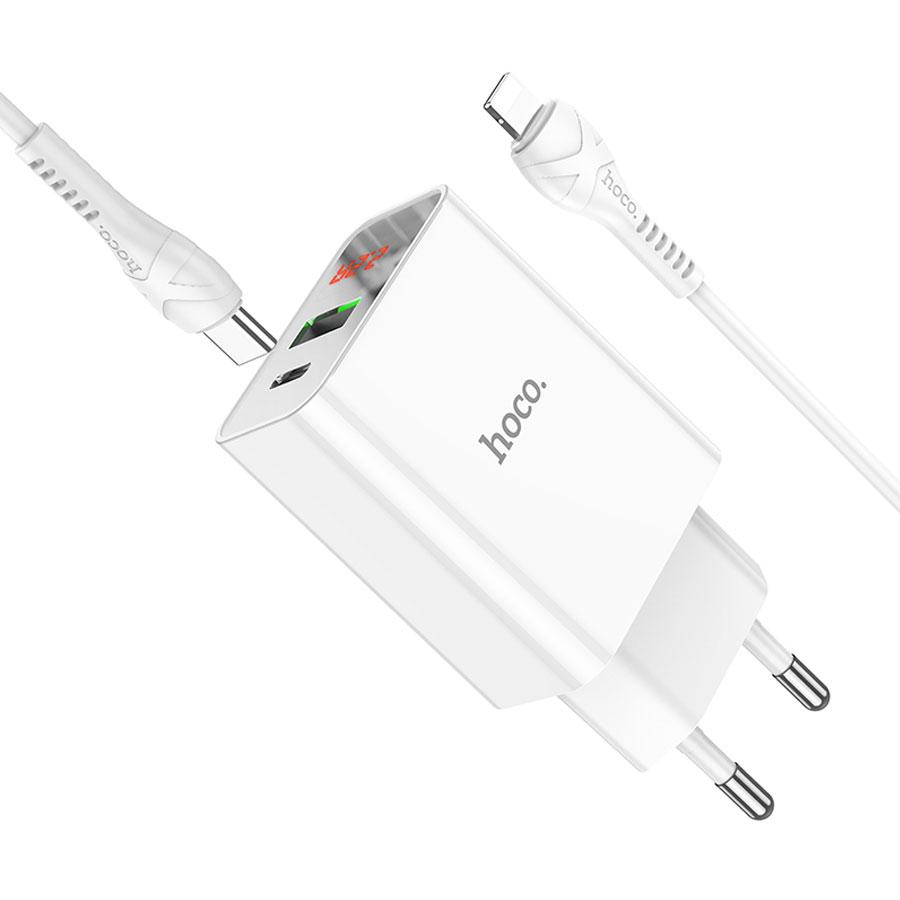 Сетевое зарядное устройство HOCO C100A 1xUSB + 1xUSB-C с Кабелем Type-C - Lightning, 3.0A, 20W, белый