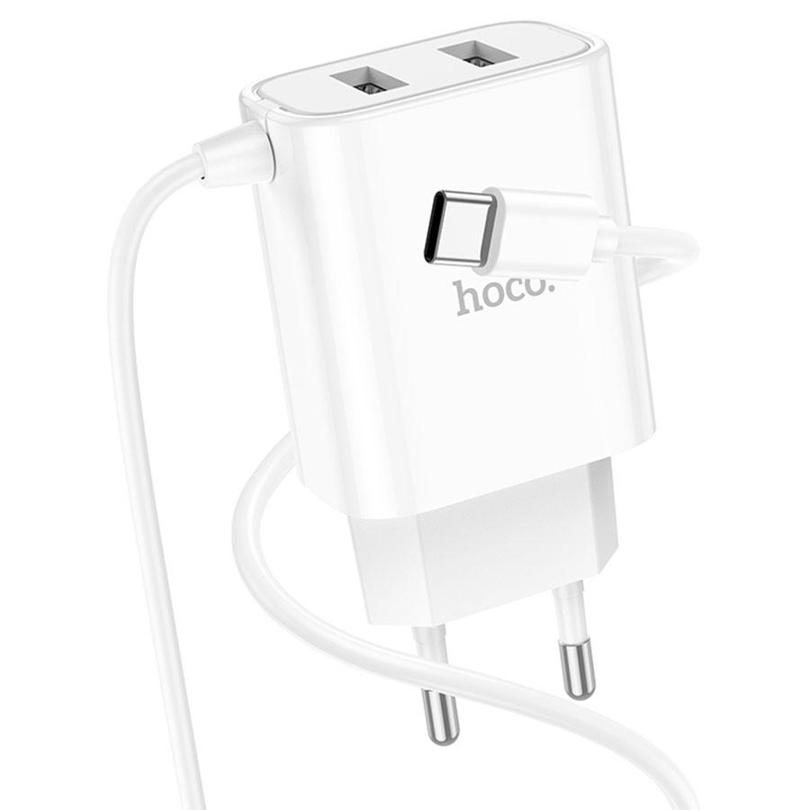 Сетевое зарядное устройство HOCO C103A Courser 2xUSB с Кабелем Type-C, 2.1A, 10W, белый