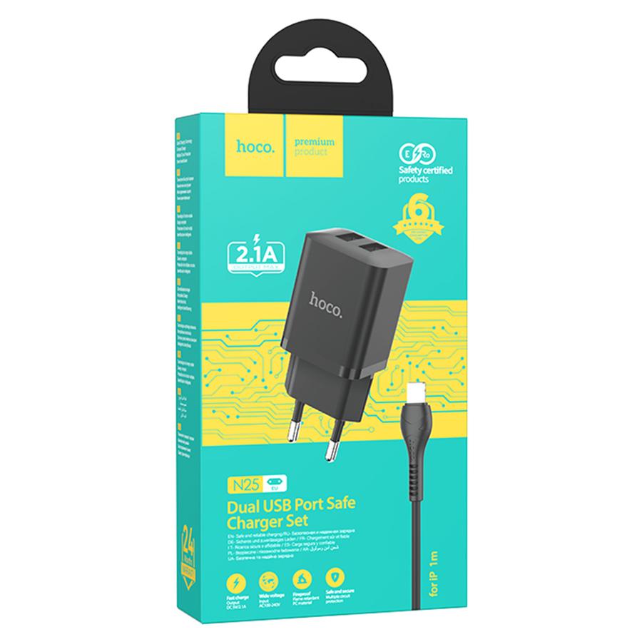 Сетевое зарядное устройство HOCO N25 Maker 2xUSB с Кабелем USB - Lightning, 2.1A, 10W, черный