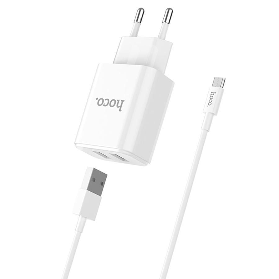 Сетевое зарядное устройство HOCO C62A Victoria 2xUSB с Кабелем USB - Micro, 2.1A, 10W, белый