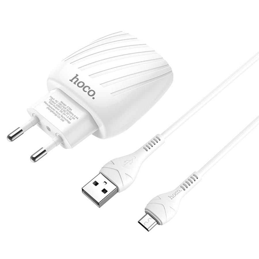 Сетевое зарядное устройство HOCO C78A Max energy 2xUSB с Кабелем USB - Micro, 2.4A, 10.8W, белый