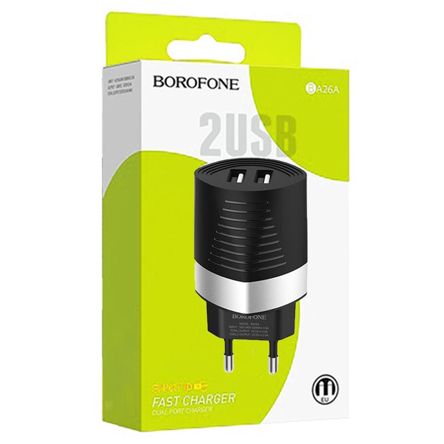 Сетевое зарядное устройство BOROFONE BA26A Mighty 2xUSB, 2.4A, черный