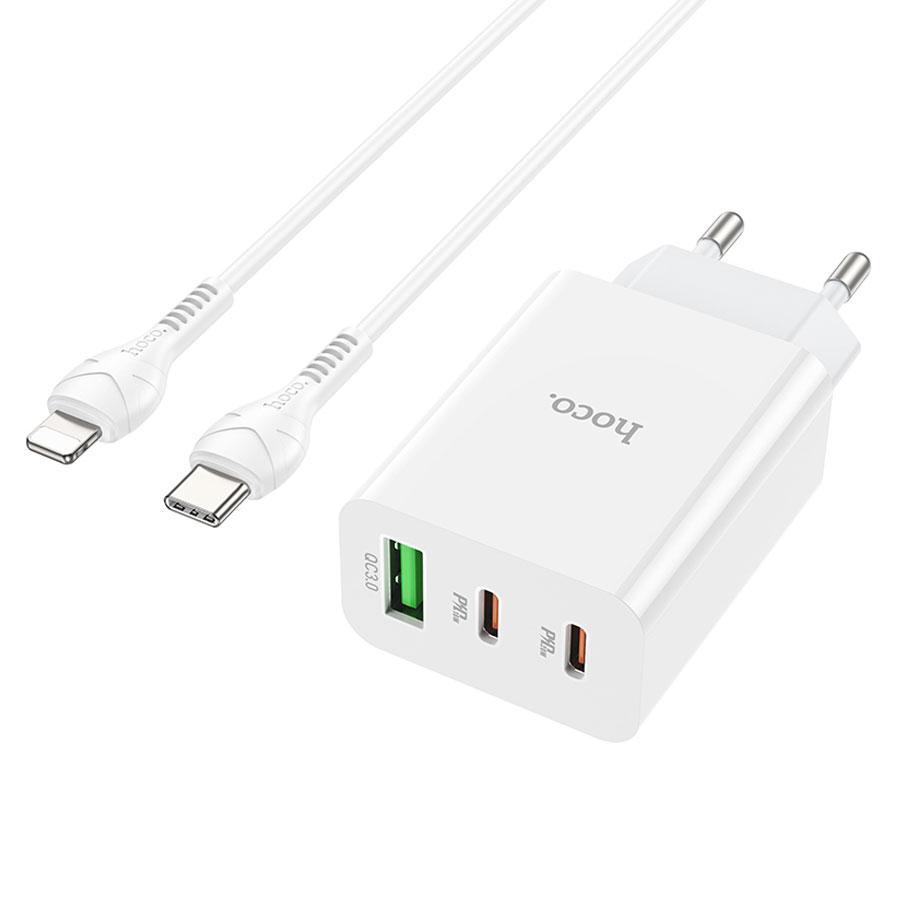 Сетевое зарядное устройство HOCO C99A 1xUSB + 2xUSB-C с Кабелем Type-C - Lightning, 3.0A, 20W, белый