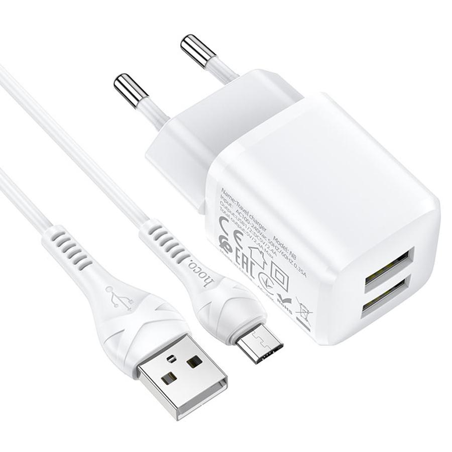 Сетевое зарядное устройство HOCO N8 Briar 2xUSB с Кабелем USB - Micro, 2.4A, 10.8W, белый