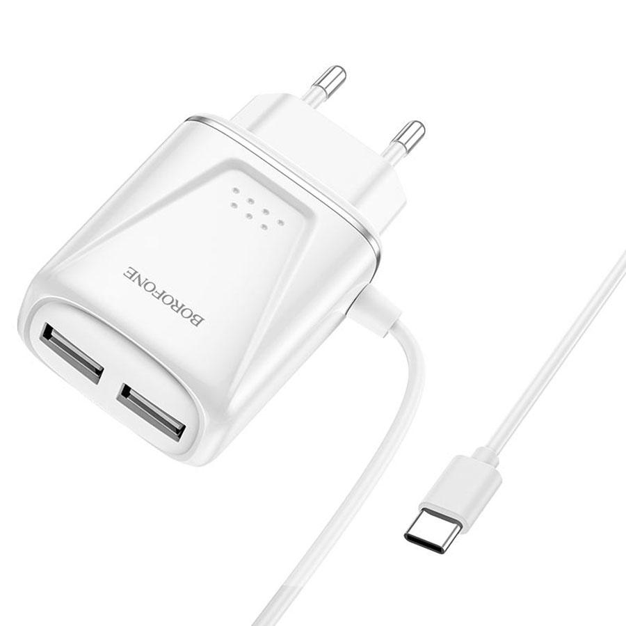 Сетевое зарядное устройство BOROFONE BA50A Beneficence 2xUSB с Кабелем Type-C, 2.1A, белый