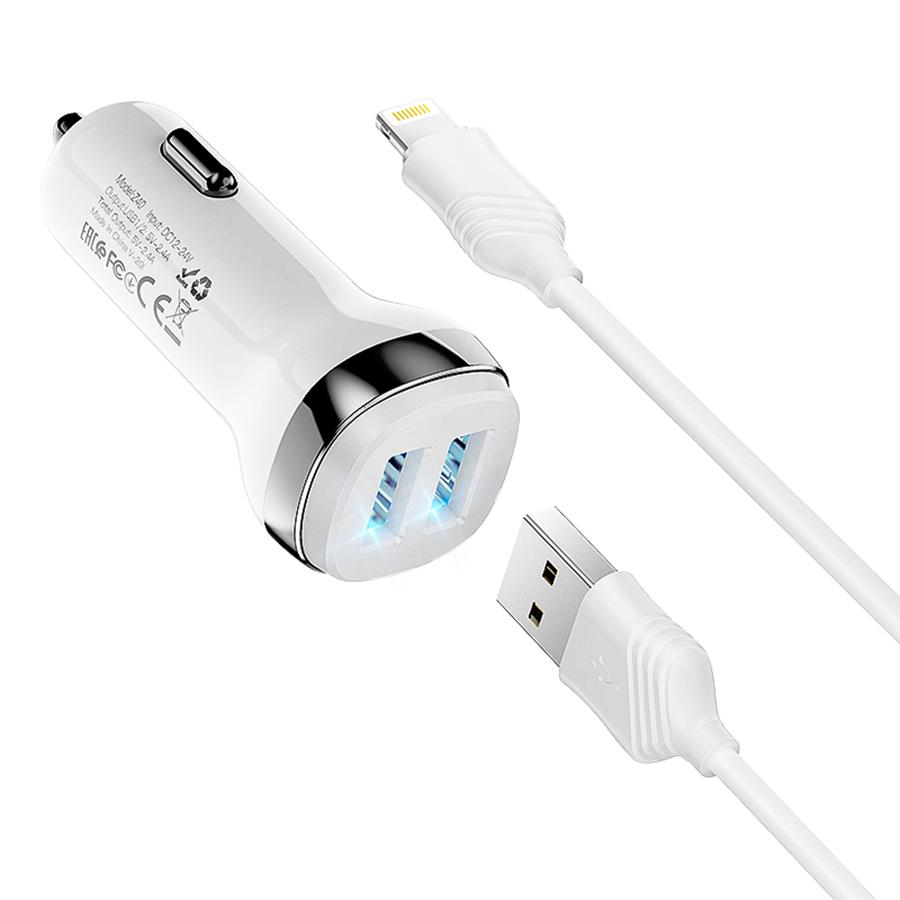 Автомобильное зарядное устройство HOCO Z40 Superior, 2xUSB с Кабелем USB - Lightning, 2.4A, белый