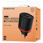 Сетевое зарядное устройство BOROFONE BA7A FlashPlug 2xUSB, 2.4A, черный