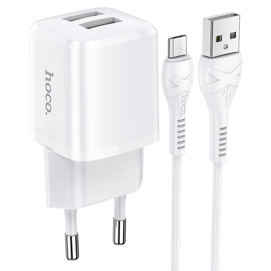 Сетевое зарядное устройство HOCO N8 Briar 2xUSB с Кабелем USB - Micro, 2.4A, 10.8W, белый