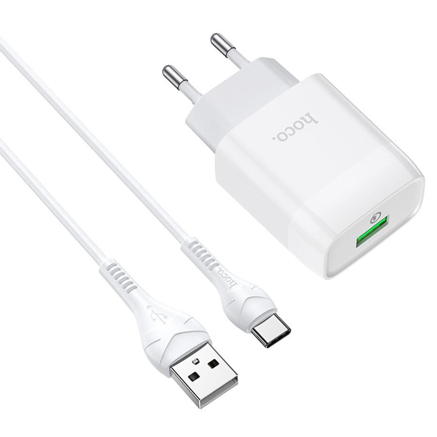 Сетевое зарядное устройство HOCO C72Q Glorious 1xUSB с Кабелем USB - Type-C, 3.0A, 18W, белый