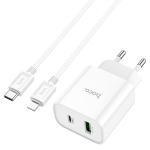 Сетевое зарядное устройство HOCO C80A Plus 1xUSB + 1xUSB-C с Кабелем Type-C - Lightning, 3.0A, 20W, белый