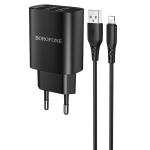 Сетевое зарядное устройство BOROFONE BN2 super fast 2xUSB с Кабелем USB - Lightning, 2.1A, черный