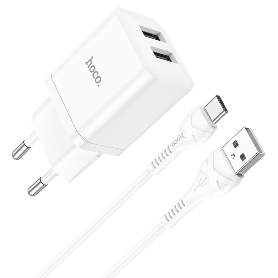 Сетевое зарядное устройство HOCO N25 Maker 2xUSB с Кабелем USB - Type-C, 2.1A, 10W, белый