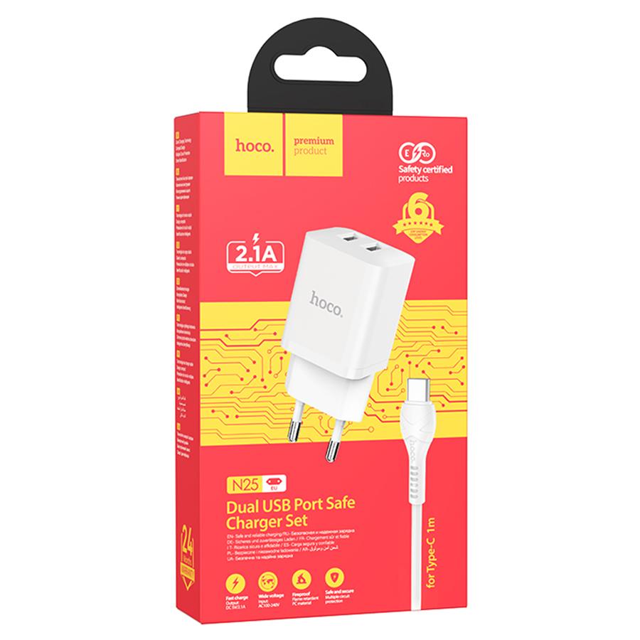 Сетевое зарядное устройство HOCO N25 Maker 2xUSB с Кабелем USB - Type-C, 2.1A, 10W, белый