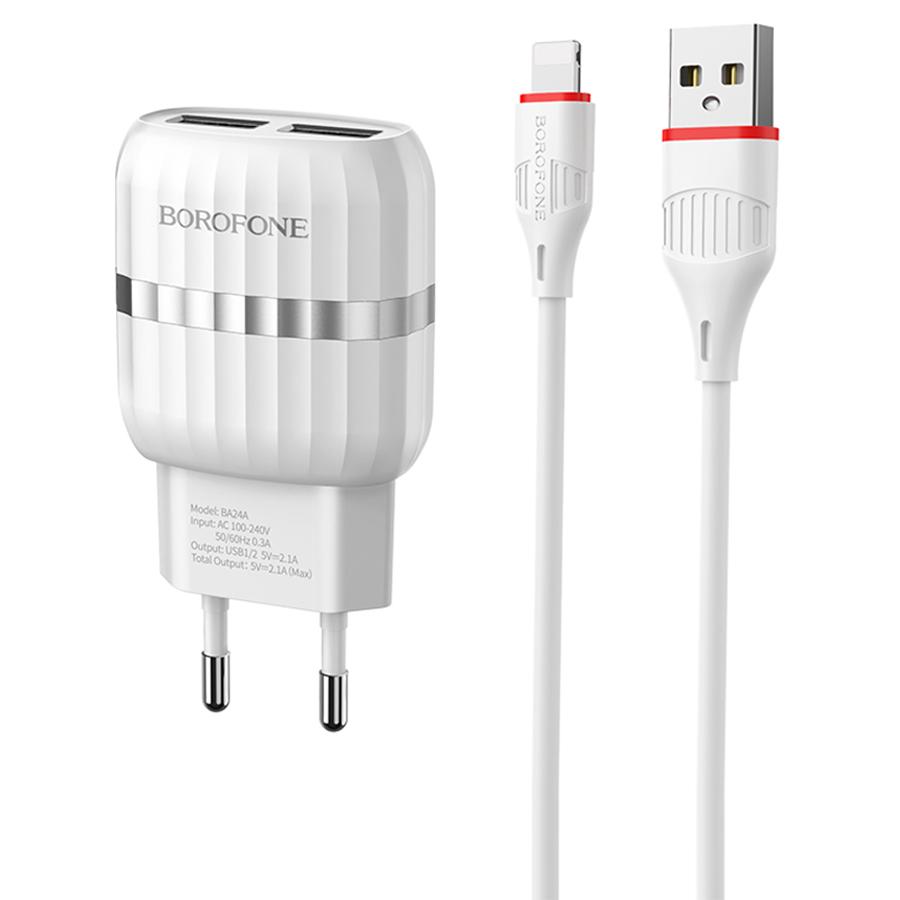 Сетевое зарядное устройство BOROFONE BA24A Vigour 2xUSB с Кабелем USB - Lightning, 2.4A, белый