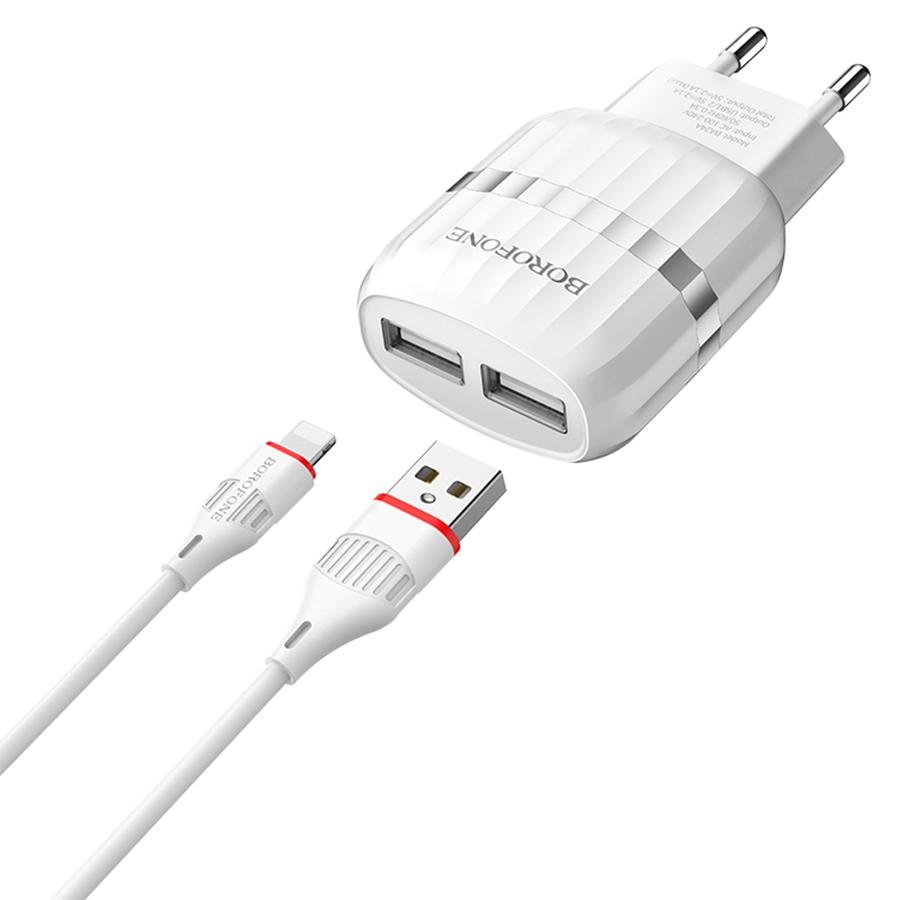 Сетевое зарядное устройство BOROFONE BA24A Vigour 2xUSB с Кабелем USB - Lightning, 2.4A, белый