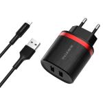 Сетевое зарядное устройство BOROFONE BA7A FlashPlug 2xUSB с Кабелем USB - Lightning, 2.4A, 10.8W, черный