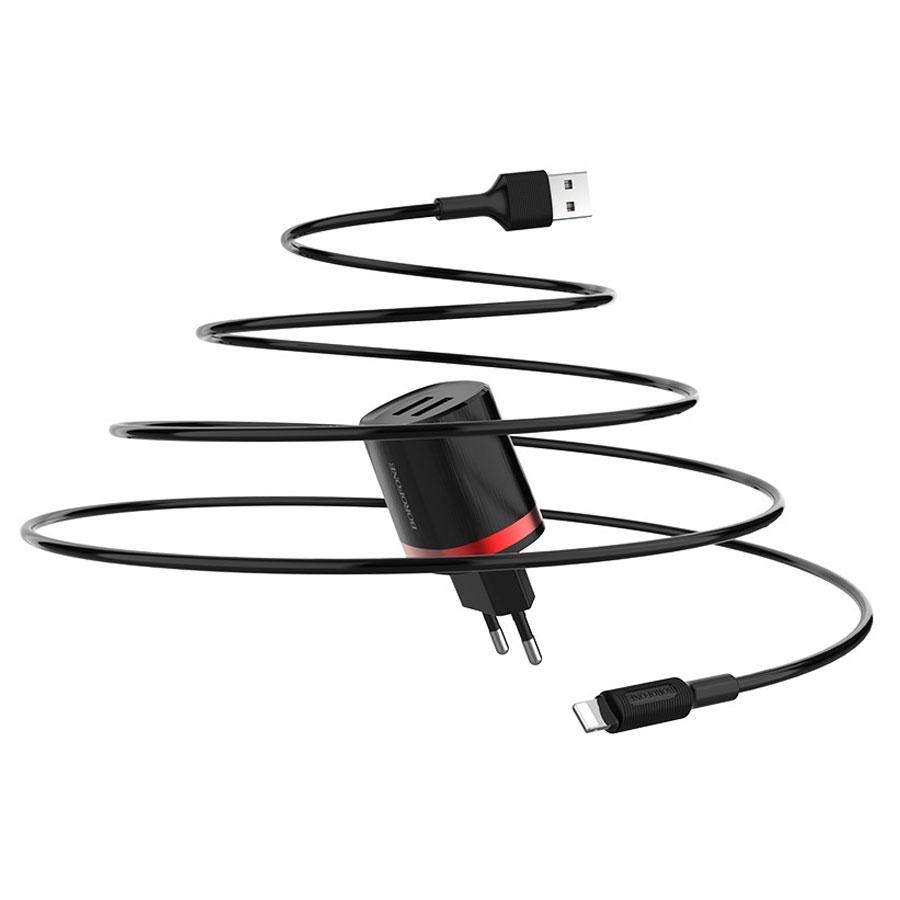 Сетевое зарядное устройство BOROFONE BA7A FlashPlug 2xUSB с Кабелем USB - Lightning, 2.4A, 10.8W, черный