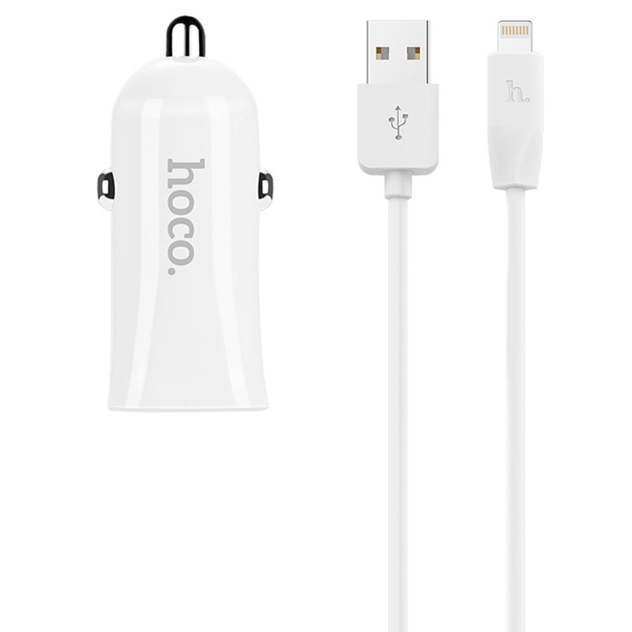 Автомобильное зарядное устройство HOCO Z12 Elite, 2xUSB с Кабелем USB - Lightning, 2.4A, белый