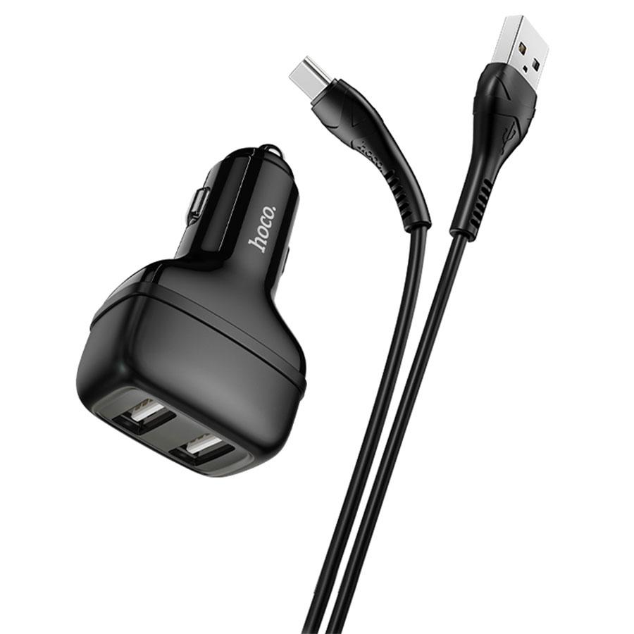 Автомобильное зарядное устройство HOCO Z36 Leader, 2xUSB с Кабелем USB - Type-C, 2.4A, черный