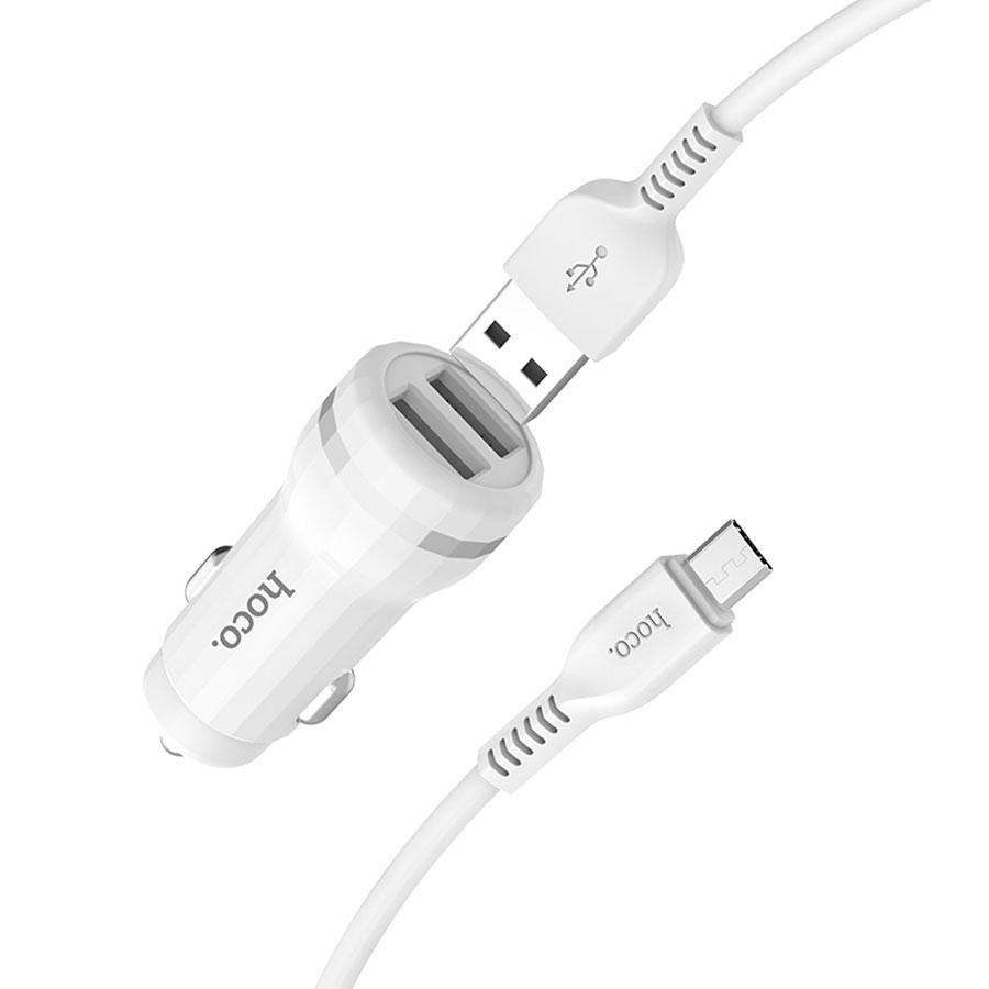 Автомобильное зарядное устройство HOCO Z27 Staunch, 2xUSB с Кабелем USB - Micro, 2.4A, белый