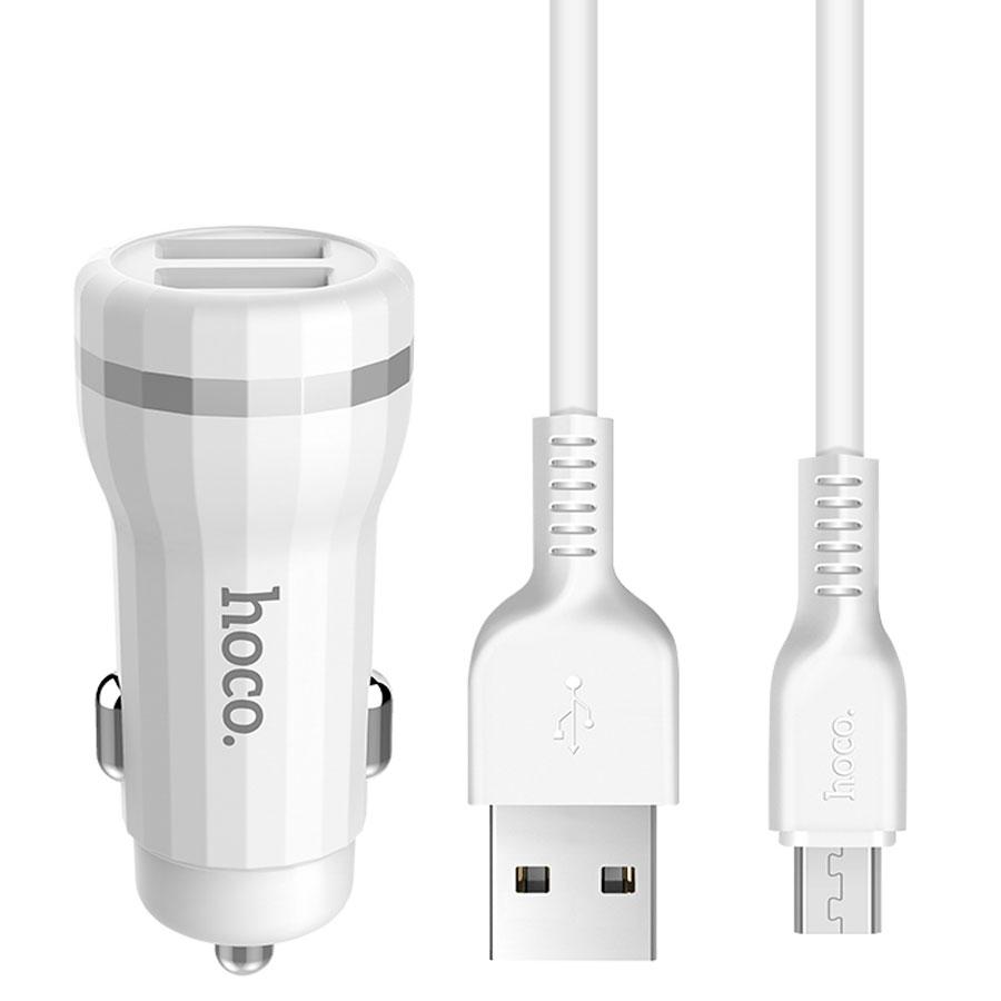 Автомобильное зарядное устройство HOCO Z27 Staunch, 2xUSB с Кабелем USB - Micro, 2.4A, белый