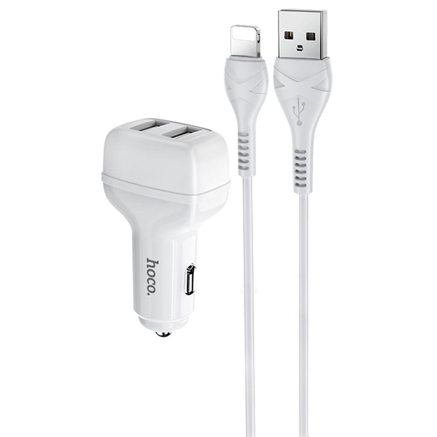 Автомобильное зарядное устройство HOCO Z36 Leader, 2xUSB с Кабелем USB - Lightning, 2.4A, белый