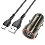 Автомобильное зарядное устройство HOCO Z46A Blue whale, 1xUSB + 1xUSB-C с Кабелем USB - Type-C, 3A, 18W, серый металлик