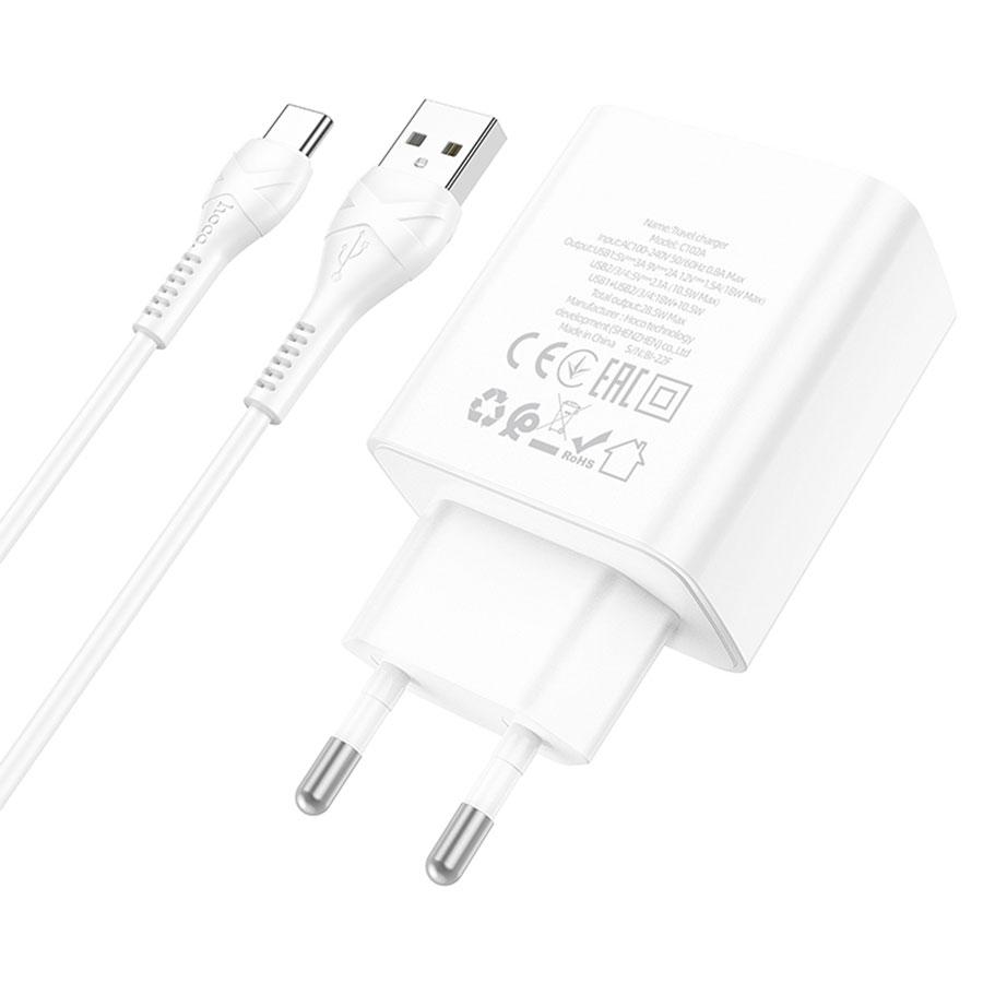 Сетевое зарядное устройство HOCO C102A Fuerza 4xUSB с Кабелем USB - Type-C, 2.1A, 28,5W, белый